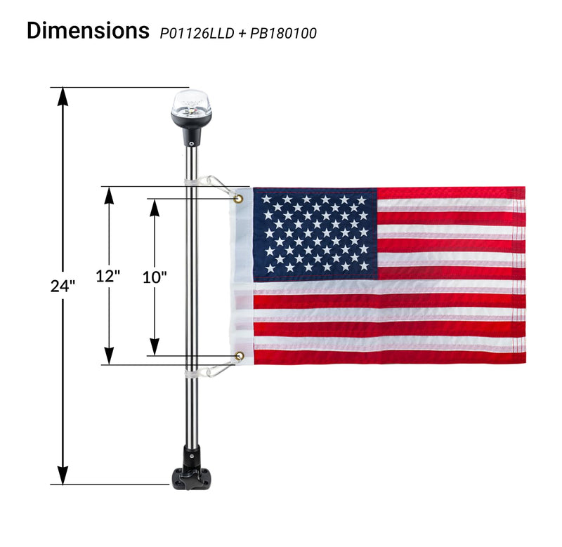 Pactrade Marine Navigation Lights for Boats LED - 24-Inch White LED Folding Stern Lights for Boats with American Flag 12x18 Inches (93 LM, 2 NM) | Boat Navigation Lights, American Flags for Boats Model D (93 LM)