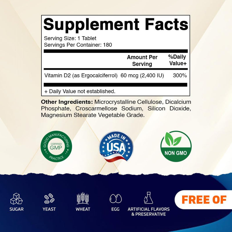 Vitamatic Vegan Vitamin D2 2400 IU Tablets, 180 Count, Made in USA | Ergocalciferol, Immune Health Support*, Non-GMO, Gluten Free 1 Bottle