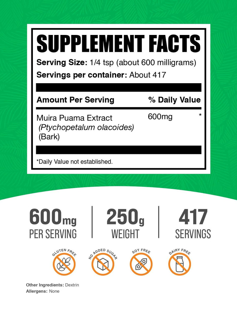 BulkSupplements.com Muira Puama Extract Powder - Muira Puama Supplement, from Muira Puama Bark - Herbal Supplement, Gluten Free, 600mg per Serving, 250g (8.8 oz) (Pack of 1) 8.75 Ounce (Pack of 1)