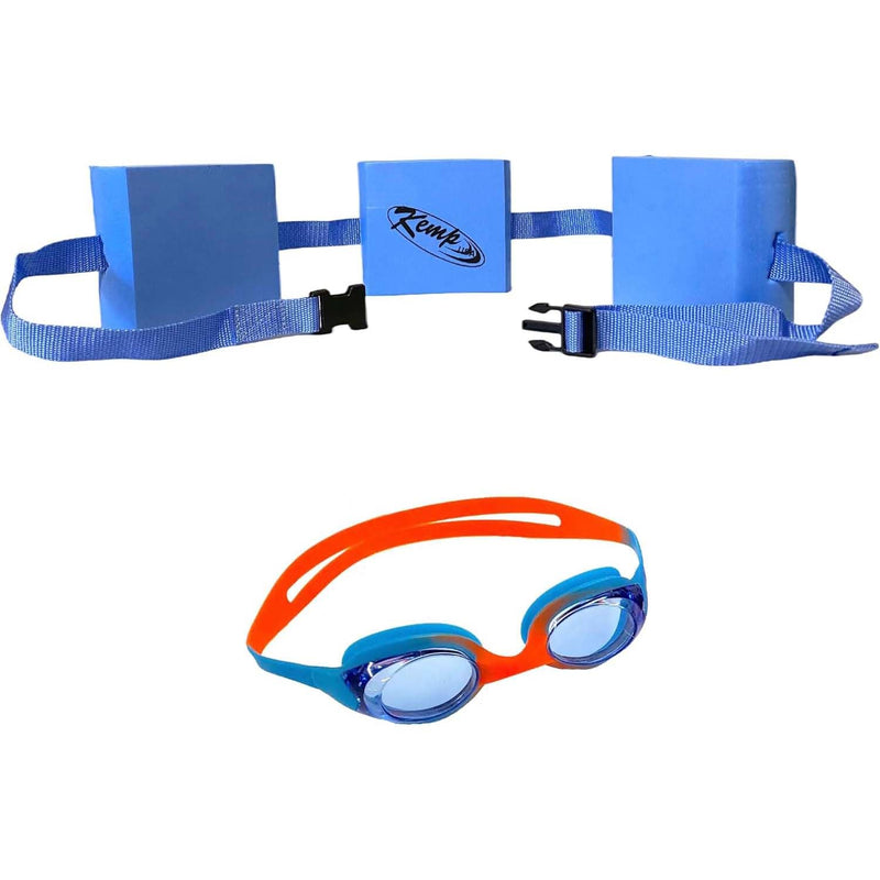 Kemp USA Learn 2 Swim Belt for Children + Kids' Blue/Orange Swimming Goggles
