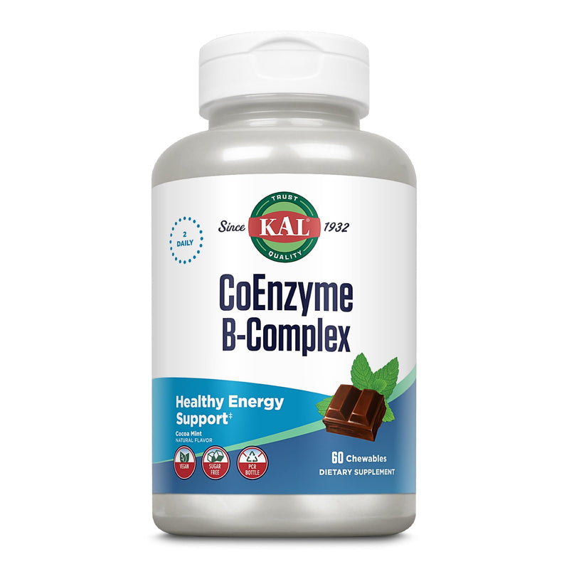KAL CoEnzyme Vitamin B Complex, Chewable B Vitamins for Healthy Energy, Red Blood Cell and Nerve Function Support w/Vitamin B12, B6, Folic Acid, Natural Cocoa Mint, Vegan, Sugar Free, 30 Serv, 60ct 60 Count (Pack of 1)