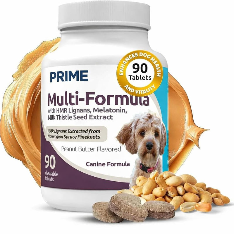 Prime HMR Lignans for Dogs - Multi-Formula Dog Vitamins for Medium Dogs - 10mg HMR Lignans, 1mg Melatonin,Milk Thistle - Helps Heart, Liver, Digestion Health, 90 Capsules -Peanut Butter Flavor