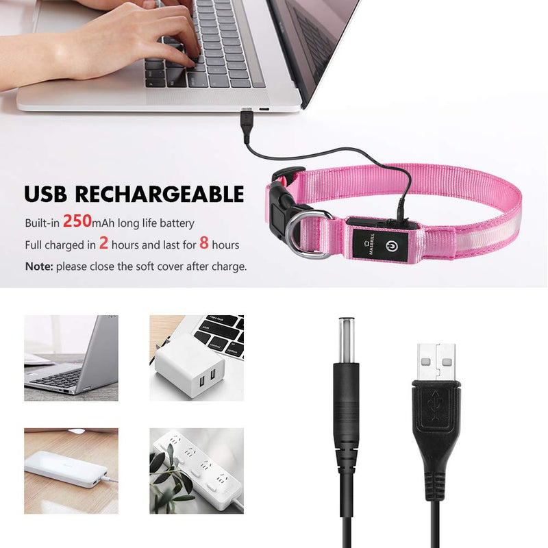 MASBRILL Dog Collar Luminous Rechargeable LED Light Collar Waterproof for Small Medium Large Dogs Adjustable Flashing Light Safety Collar with 3 Lighting Modes Pink - M M(38-50cm/15-19.7inch) Pink(TC5200) - BeesActive Australia