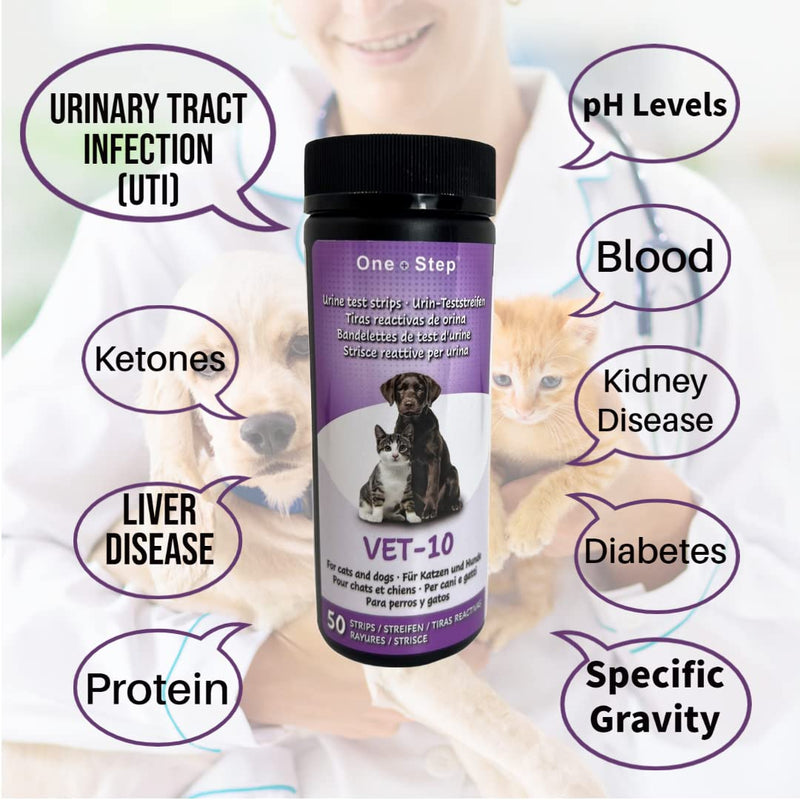 One Step Pet Urine Testing Strips, 50 x Urinalysis Parameter Tests for Dogs, Cats, Vets, Accurate Testing for Veterinarians, Detects UTI, Diabetes, Bladder, Kidney, Liver, SG, pH, Glucose