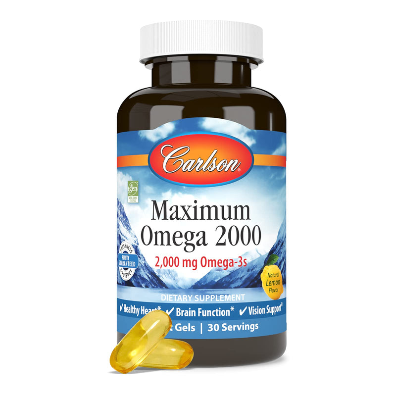 Carlson - Maximum Omega 2000, 2000 mg Omega-3 Fatty Acids Including EPA and DHA, Wild-Caught, Norwegian Fish Oil Supplement, Sustainably Sourced Fish Oil Capsules, Lemon, 60 Softgels 60 Count (Pack of 1)
