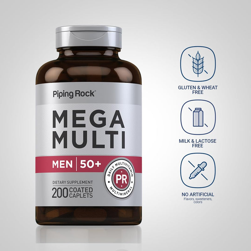 Piping Rock Multivitamin for Men Over 50+ | 200 Caplets | Mega 50 Plus Daily Multimineral | with Magnesium, Calcium, Zinc | Non-GMO, Gluten Free Supplement