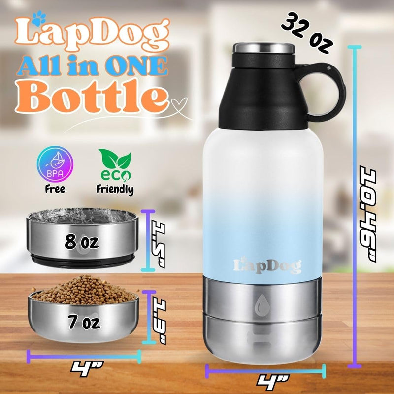 Lapdog Portable Dog Water Bottle & Food Bowls, All-in-One Accessories for Walking, Hiking, Beach- Double Walled, Insulated, Stainless Steel Water Dispenser (White/Powder Blue, without Neoprene Bag) White/Powder Blue - BeesActive Australia