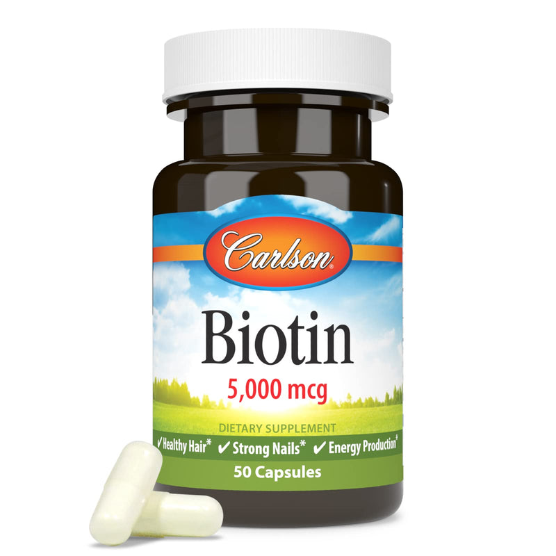 Carlson Biotin, 5000 mcg, Healthy Hair, Strong Nails, 50 Capsules | Skin health; Energy Production 50 Count (Pack of 1)