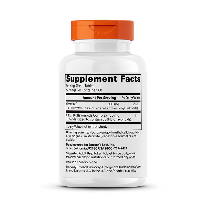 Doctor's Best High Absorption Vitamin C 500mg with Bioflavonoids - Vegan VIT C Supplement for Women & Men, PureWay-C Ascorbic Acid, Immune Health Support, Sustained Release, Gluten Free - 60 Tablets 60 Count (Pack of 1)