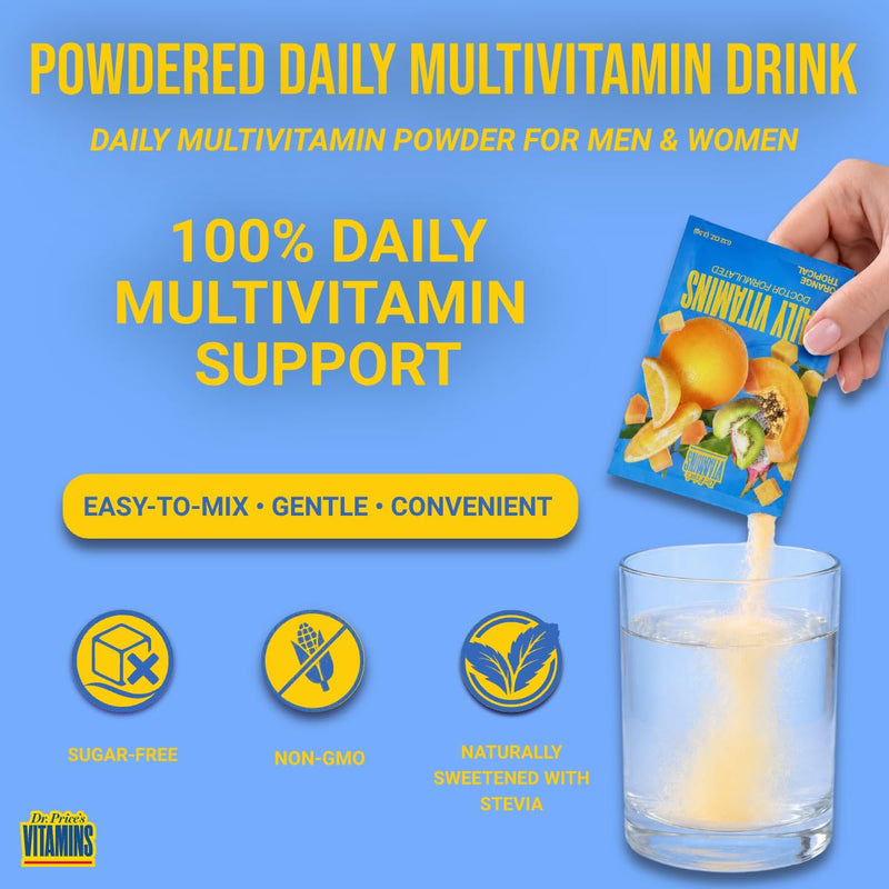 Dr. Price's Vitamins Multivitamin Powder, Vitamin C, Orange Tropical, 30pk | Daily Supplement Drink Mix, Vitamin D3, B12 & B Complex, Minerals, Sugar Free, Made in USA, Doctor-Formulated