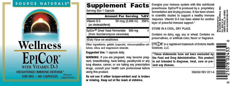Source Naturals, Wellness, EpiCor with Vitamin D-3-60 Capsules | Supports Heightened Immune Defense 60 Count (Pack of 1)