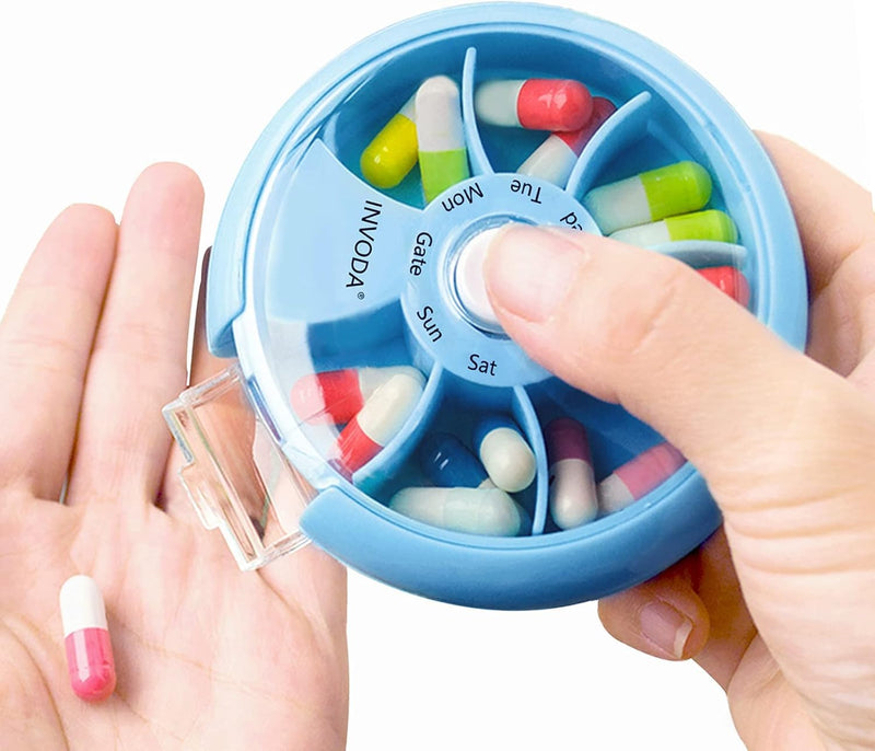 4PCS Portable Mini 7 Day Weekly Circular Shape Rotary Pill Storage Case Box | Small Pill Case Cute Pill Box 1 Time A Day for Pills Medication Supplements Vitamin 4 Colors