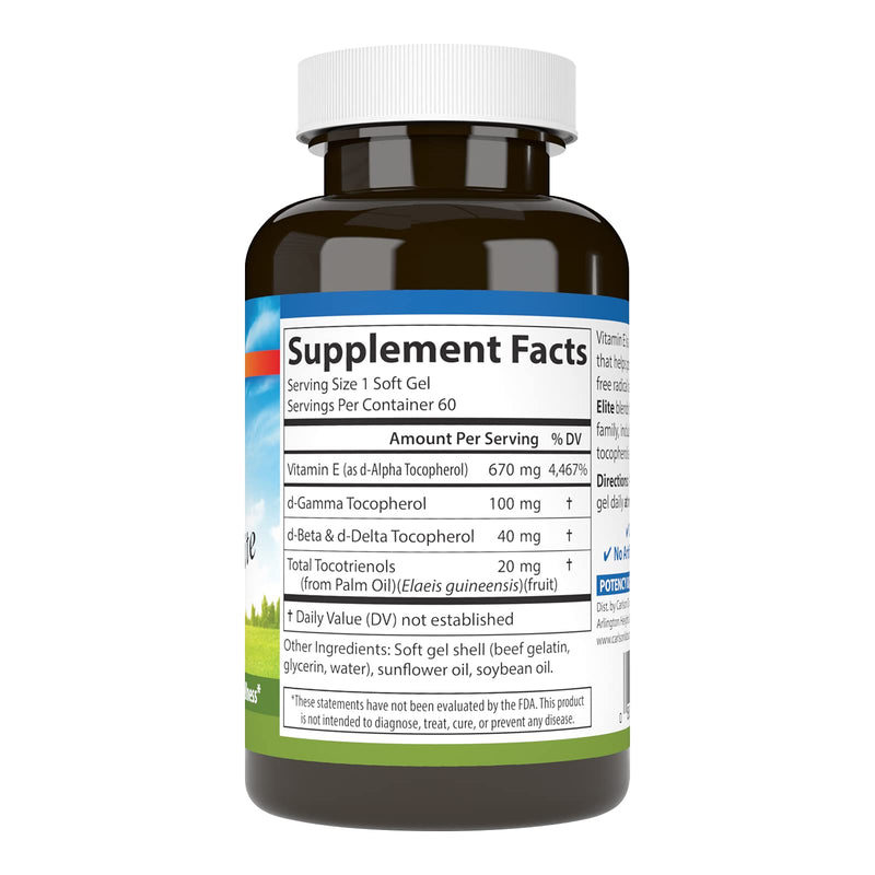 Carlson E-Gems Elite, 1000 IU (670 mg), Optimal Wellness, 60 Softgels | Vitamin E with Tocopherols and Tocotrienols