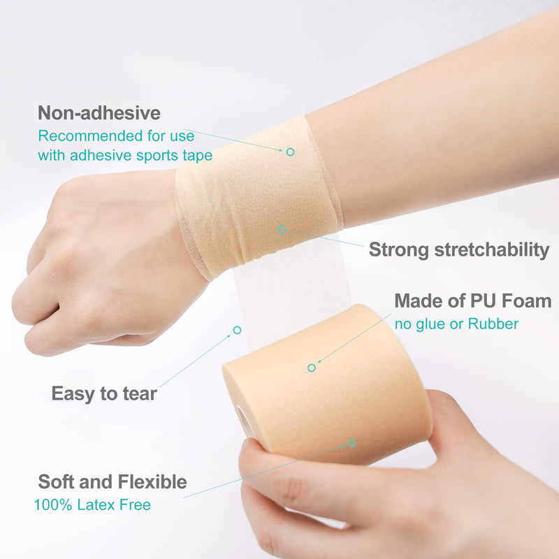 Dimora Pre Wrap Athletic, 4 Rolls Prewrap Headband for Hair, 120 Yards Foam Underwrap Athletic Tape, Best Padding for Underneath Sports Tape, 2.75 Inches x 30 Yards - Beige - BeesActive Australia