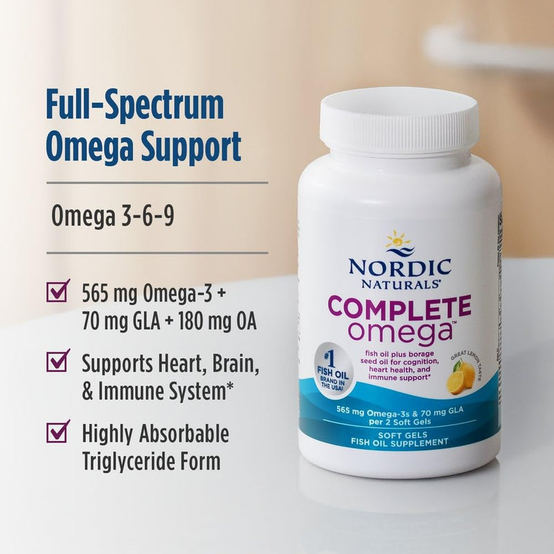 Nordic Naturals Complete Omega-3, w/EPA, DHA, & GLA, Lemon - 120 Softgels | 565mg Omega-3 per serving. Supports healthy skin, cognition & positive mood. Non-GMO. 60 servings per bottle. 120 Count (Pack of 1)