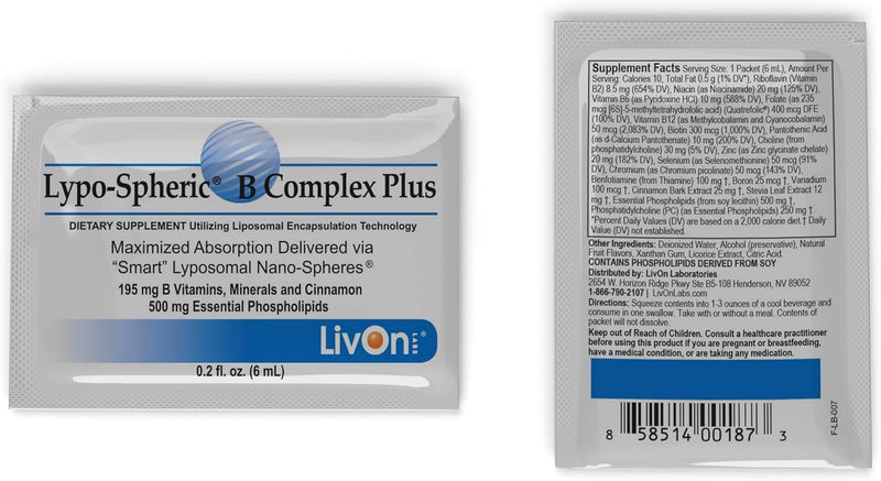 LivOn Laboratories Lypo–Spheric B Complex Plus – 30 Packets – 195 mg B Vitamins, Minerals & Cinnamon Per Packet – Liposome Encapsulated for Improved Absorption – 100% Non–GMO 30 Count (Pack of 1)