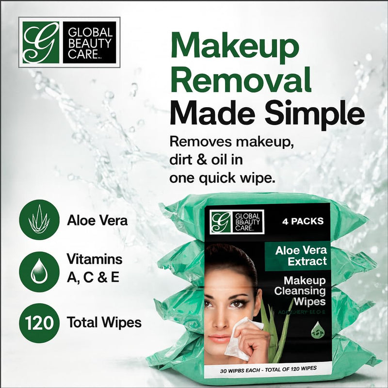 Global Beauty Care Aloe Vera Waterproof Makeup Remover Face Cleansing Wipes | Supports Hydrates Skin, Removes Waterproof Makeup, Lifts Oil & Dirt, Vitamins A, C & E, All Skin Types, 120 Wipes (4-Pack) 30 Count (Pack of 4)