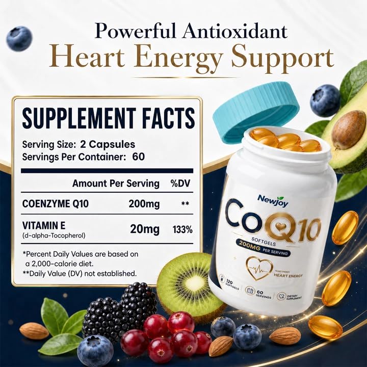 NewJoy CoQ10 200mg Mini Softgels with Vitamin E & Coconut Oil Base, 120 Count, High Absorption Ubiquinone Coenzyme Q10 Supplement, Supports Heart Health, Cellular Energy & Antioxidant Defense, Non-GMO