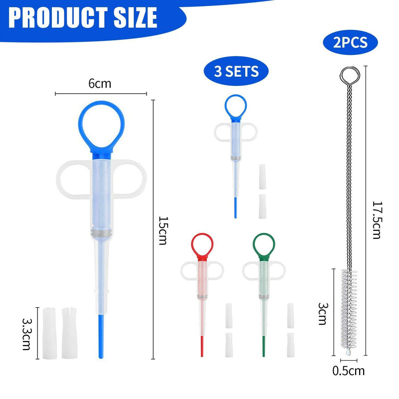 3 Pet Medicine Feeders And 2 Cleaning Brushes, Cat And Dog Feeders, Pet Care Tools, Suitable For Pet Care (Red, Blue, Green).