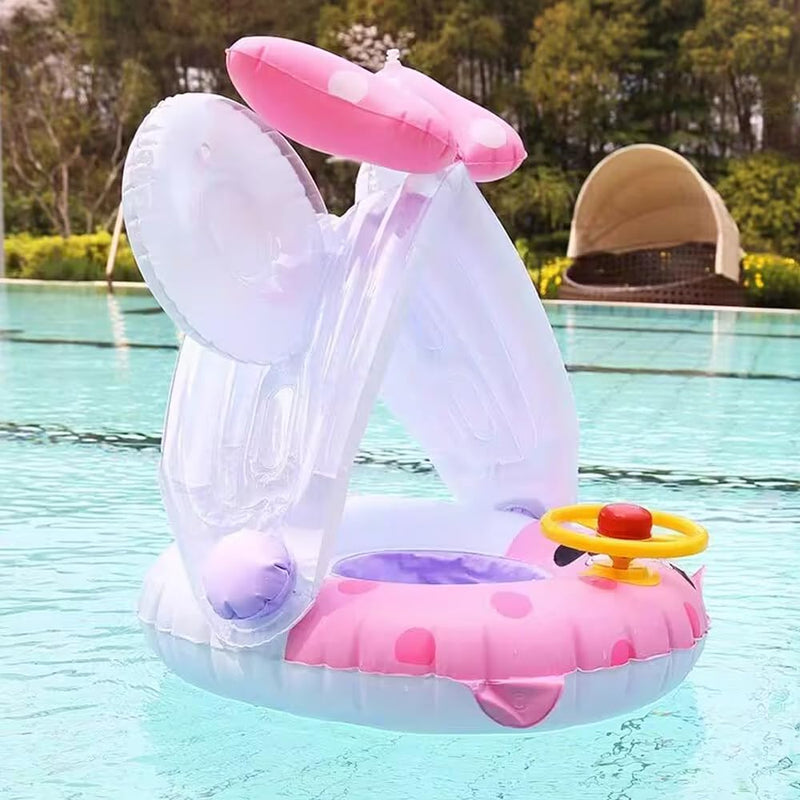 Arcimatto Baby Swimming Pool Floats with Removable Sun Protection Canopy, Cute Inflatable Raft with Seat and Handle, No Flip Over Kids Infants Boat Swim Ring for Toddlers 8-36 Months Pink Mouse - BeesActive Australia
