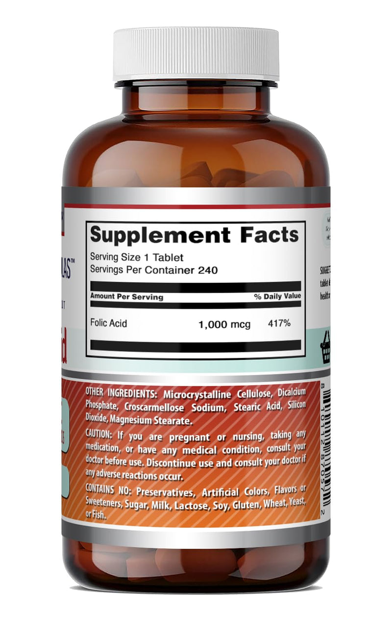 Amazing Formulas Folic Acid 1000 Mcg (1 Mg) | 240 Tablets Supplement | Vitamin B9 | Non-GMO | Gluten Free | Made in USA Unflavored - 240 Count