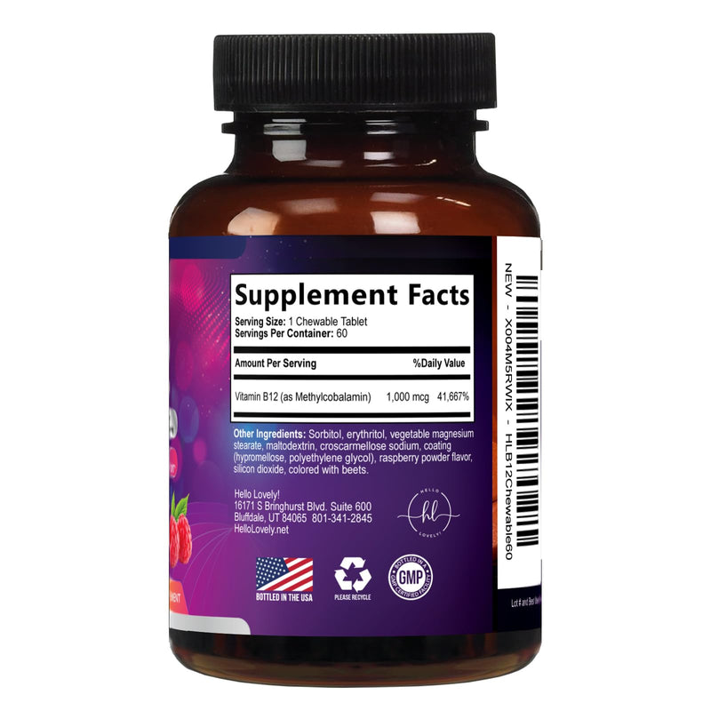 Vitamin B12 1000 mcg per Serving Chewables - B12 Complex with Heart & Nerve Energy Health Support - Vitamin B-12 Complex with Immune Health Support - Fast Dissolve, Bottled in USA - 60 Chewables 60 Count (Pack of 1)