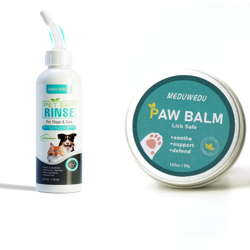 MEDUWEDU Ear Rinse 4 Fl oz + [2-Pack] Dog Paw Balm 30g | Pet Grooming Bundle