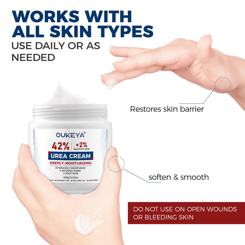 OUKEYA Urea Cream 42% plus Salicylic Acid 2% Net 350g for Dry Cracked Feet, Heels, Knees, Elbows, Hands Repair Treatment.Moisturizes and Removes Corns,Calluses,Dead Skin,and Softens Toenails 12.35 Ounce (Pack of 1)