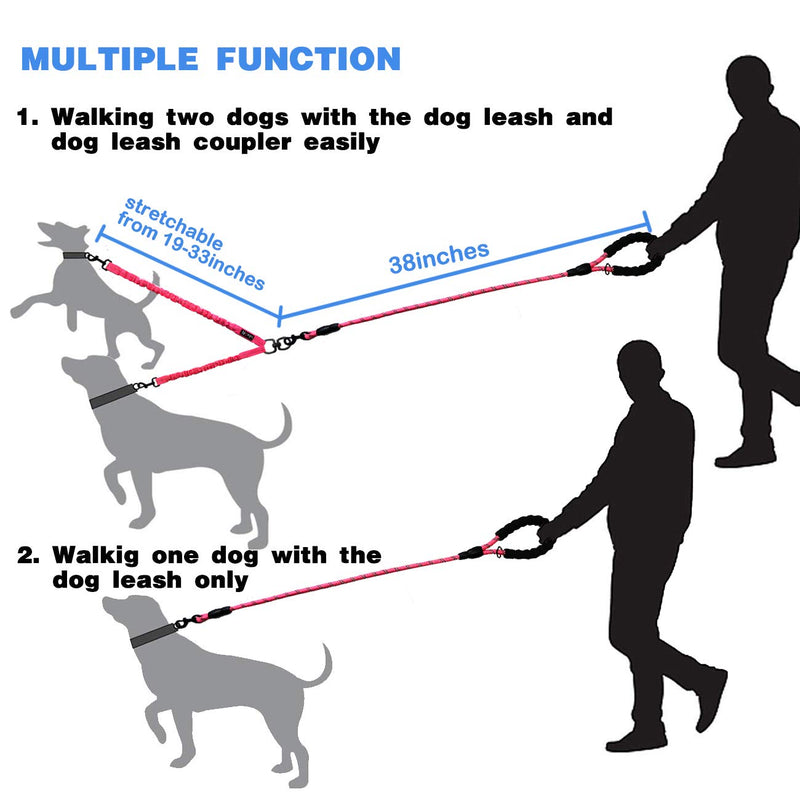 Comfortable Dual Dog Leash Tangle Free with Shock Absorbing Bungee Reflective 2 Dog Leashes for Large Medium Small Dogs (Pink 0-25 lbs) Dogs weight 0-25lbs Pink - BeesActive Australia