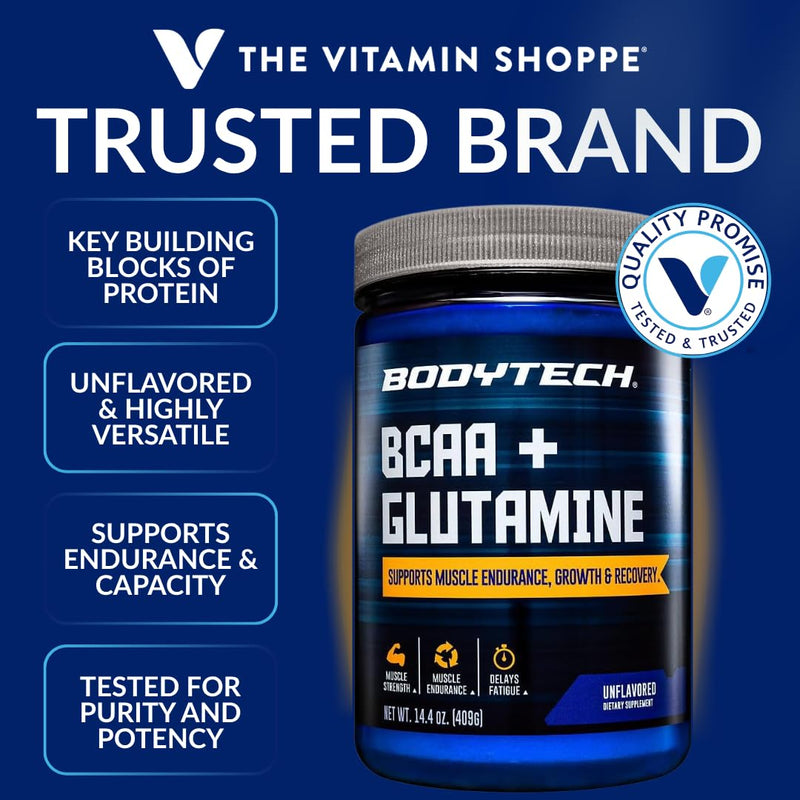 BodyTech BCAA + Glutamine Powder, Unflavored, 14.4 Oz, 59 Servings | Vitamin C, L Glutamine & More, Essential Pre Workout or Post Workout Amino Acids for Men & Women 14.4 Ounce (Pack of 1)