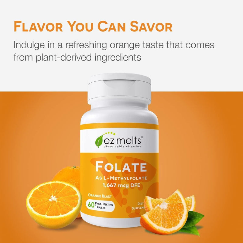EZ Melts Dissolvable Folate 1,667 mcg DFE - Methylated Folate Supplement - Heart Health & Healthy Fetal Development - Non-GMO, Vegan & Dairy-Free - Orange Blast -120 Dissolvable Tablets (120 Servings) 60 Count (Pack of 2)