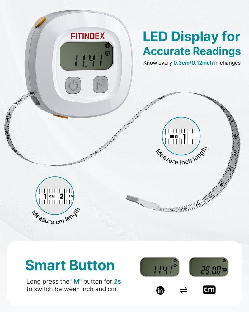 FITINDEX Smart Measuring Tape for Body, Accurate Digital Bluetooth Body Tape Measure for Weight Loss, Fitness, Body Building, Retractable Tape for Measuring Waist, Hip, Bust, Arms - BeesActive Australia