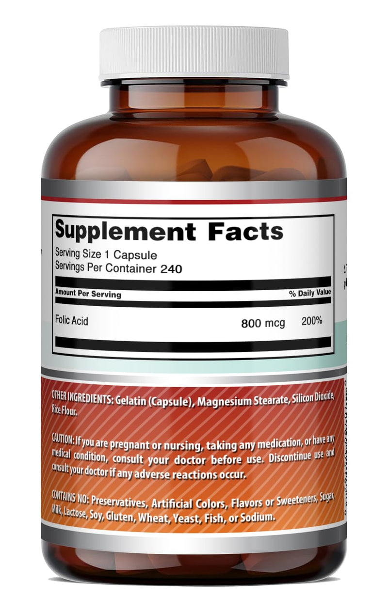 Amazing Formulas Folic Acid (Vitamin B9) 800 Mcg Supplement | Capsules | Non-GMO | Gluten-Free | Made in USA (1 Pack | 240 Count) Unflavored