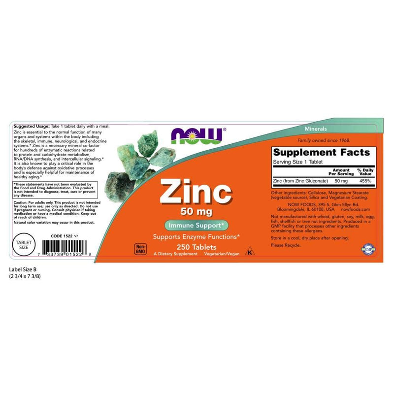 NOW Supplements, Zinc 50 mg, Tablets 250 Count (Pack of 1)