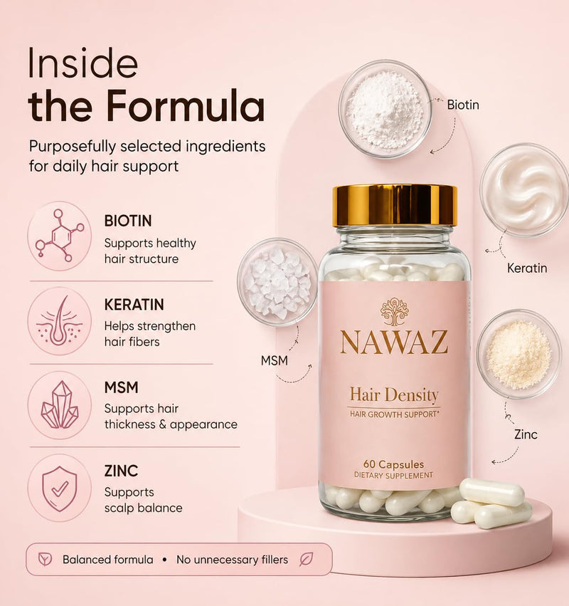 NAWAZ Hair Growth Vitamins for Women – Hair Density Capsules with Biotin, Keratin, MSM, Zinc & Selenium for Fuller Looking Hair, 60 Capsules