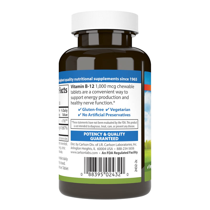 Carlson Chewable B-12, 1000 mcg, Vitamin B12, Lemon, 180 Chewable Tablets | Energy Production; Optimal Wellness 180 Count (Pack of 1)
