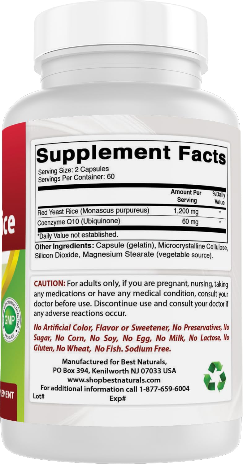 Best Naturals Red Yeast Rice with CoQ10, 120 Capsules - Cardiovascular Formula Contains 600 mg of Red Yeast Rice ans 30 mg of CoQ10 - BeesActive Australia