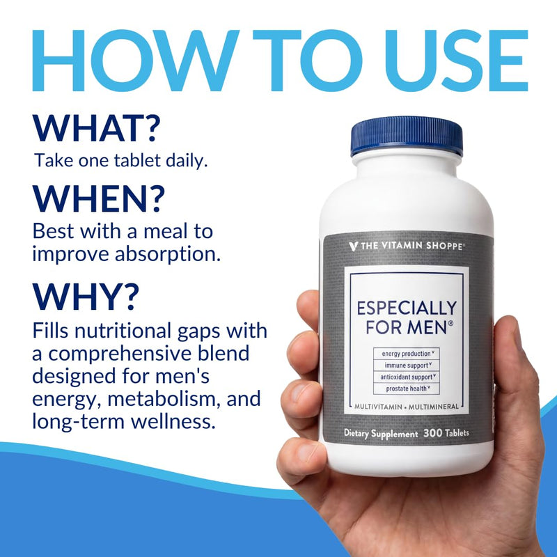 The Vitamin Shoppe Brand Men's Multivitamin, Energy Support, 300 Tablets | Complete Daily Multi With Essential Vitamins & Minerals for Men’s Health, Energy Production & Wellness Support, Gluten Free 300 Count (Pack of 1)