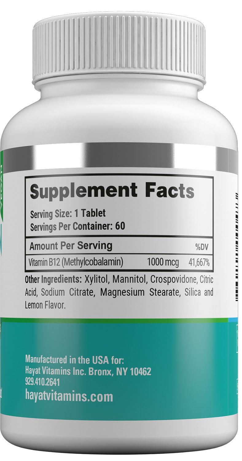HAYAT Vitamins Vegan Natural Vitamin B12 1000 MCG, Dietary Supplement for Energy Metabolism Support, 2 Month Supply, All Natural, Certified Halal, 60 Tablets, Made in The USA