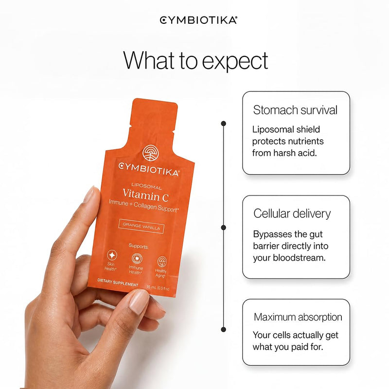 CYMBIOTIKA Liposomal Vitamin C 1000mg with Biotin for Skin | Bioavailable vitamin C & biotin for immunity, collagen & healthy aging. Enhanced absorption. Orange Vanilla, 28 pouches.