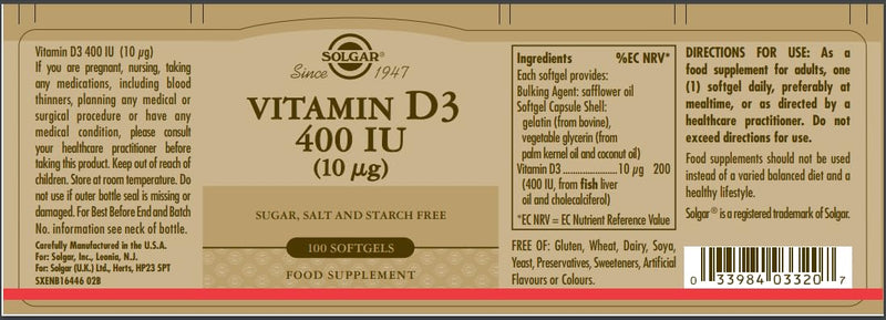 Solgar, Vitamin D3 (Cholecalciferol) 400 Iu, 100 Count