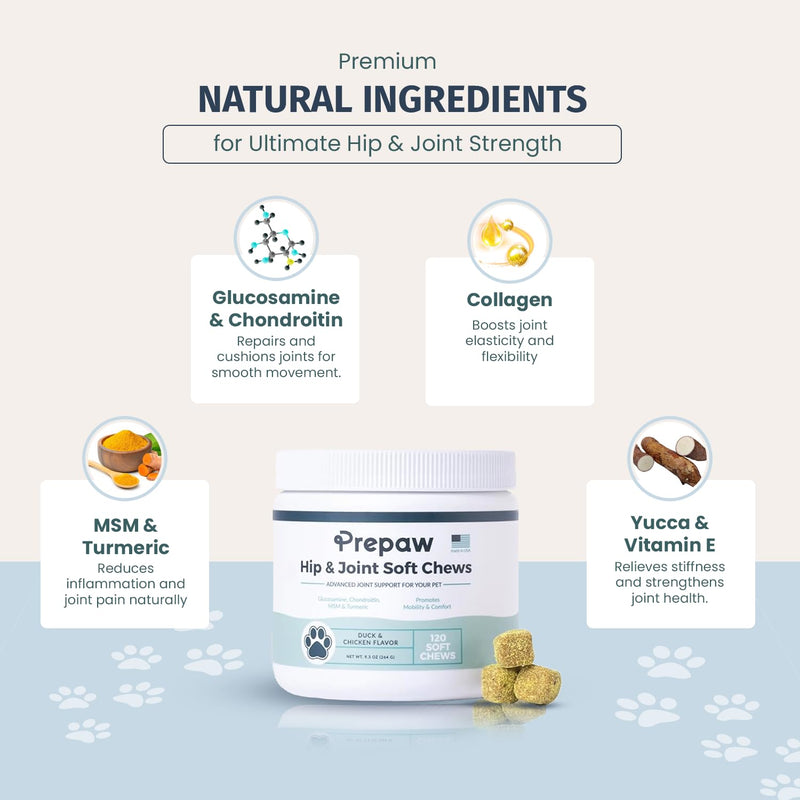 Hip and Joint Supplement for Dogs with Natural Ingredients Glucosamine Chondroitin MSM Turmeric and Collagen Dog Joint Soft Chews for Mobility Support USA Made 120 Count