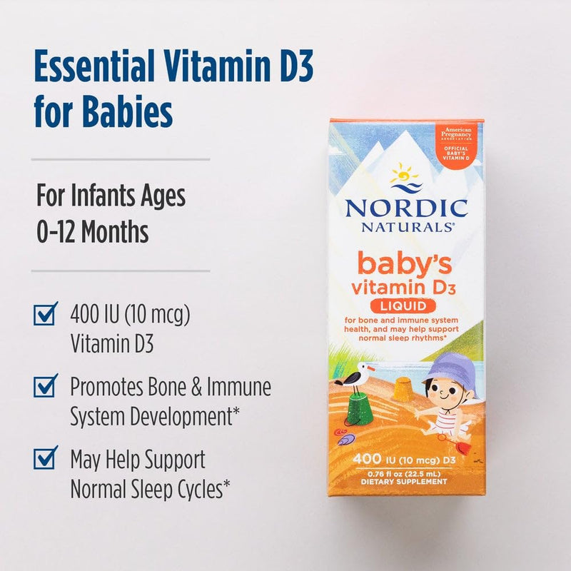 Nordic Naturals Baby Vitamin D Drops, 400 IU D3 for Infants - 0.76 oz | Supports Healthy Bone Development. Immune System Support. Sleep Rhythm Support. Unflavored. Non-GMO. Vegetarian. 90 Servings.