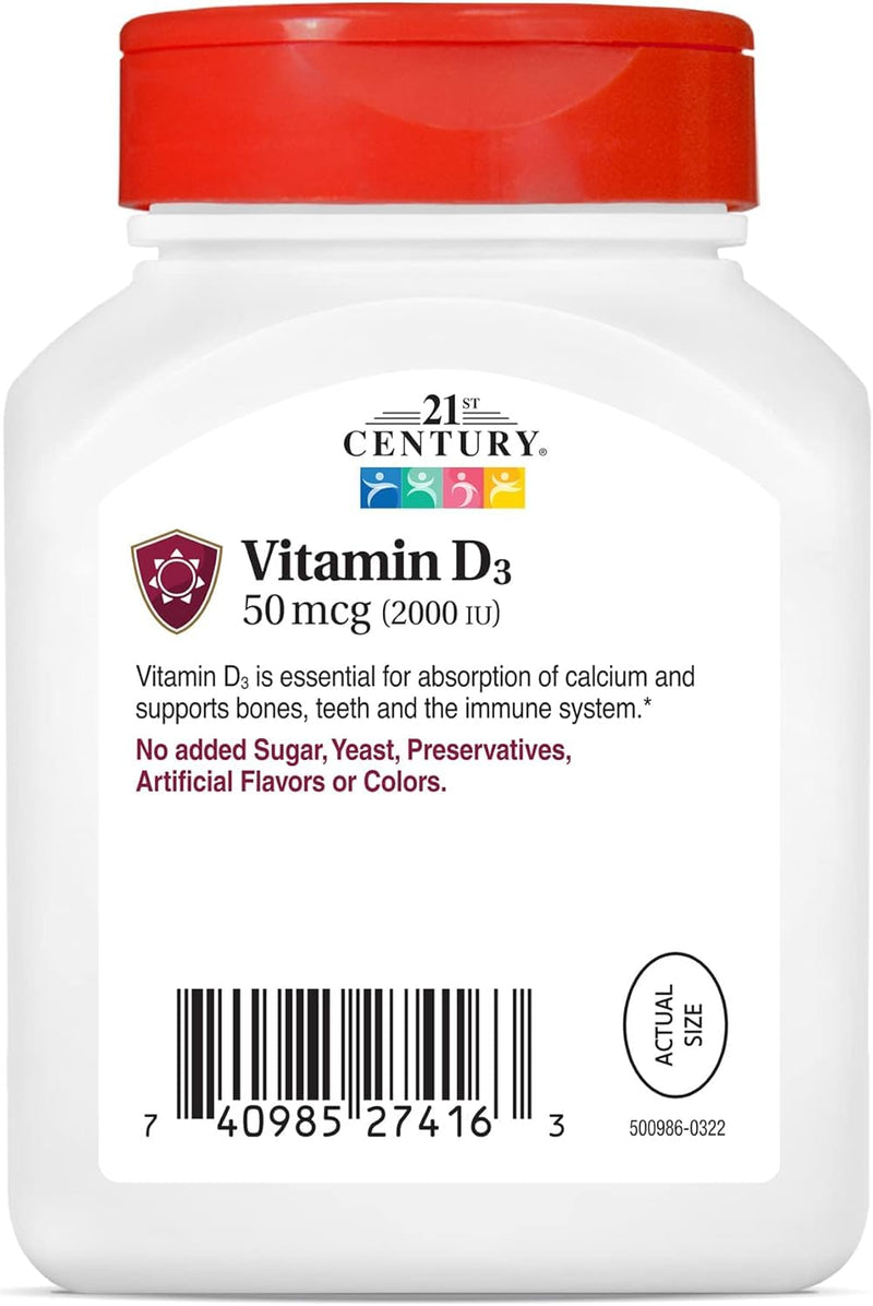 21st Century Vitamin D3 2000 IU Softgels, Bone & Immune, 250 Count | Vitamin D3 2000 IU Fast-Release Liquid Softgels, Bone Health, Immune Support & Calcium Absorption, Value 250-count Bottle Unflavored 250 Count (Pack of 1)