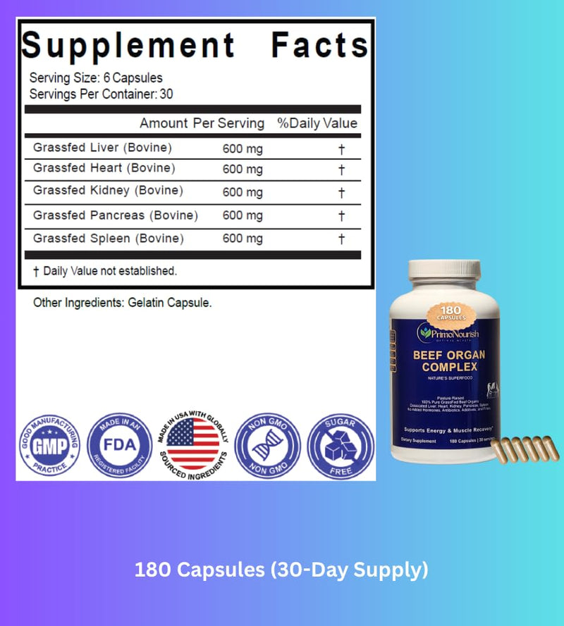 Grass-Fed Beef Organ Supplement for Energy & Vitality – Pasture-Raised Blend of Liver, Heart, Kidney, Pancreas & Spleen, 180 Capsules, Hormone-Free, Made in USA