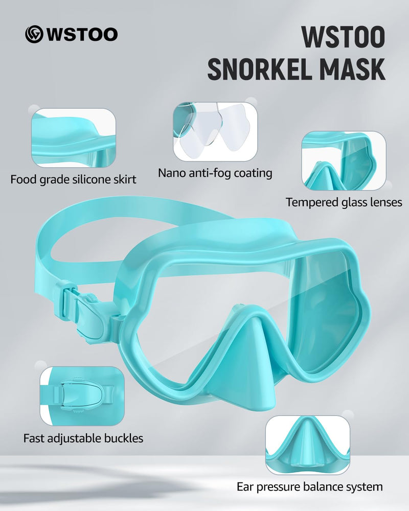 WSTOO Frameless Swim Goggles with Nose Cover for Adults, Panoramic Anti-Glare & Anti-Fog Tempered Glass Lenses, and Perfect Seal Food-Grade Silicone Skirt, Suitable for Snorkelling and Diving 1 Pack Lake Blue - BeesActive Australia