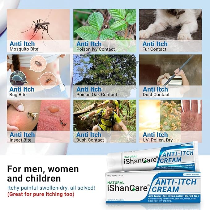 ishancare Anti Itch Soothing Cream Extra Strength Skin Itch Relief Ointment, for Full Body Itching Caused by Seasonal Changes, Dermatitis, Eczema, Rash, Psoriasis, Hives, Bites, Poison Ivy, 1.76 oz 1.76 Ounce (Pack of 1)