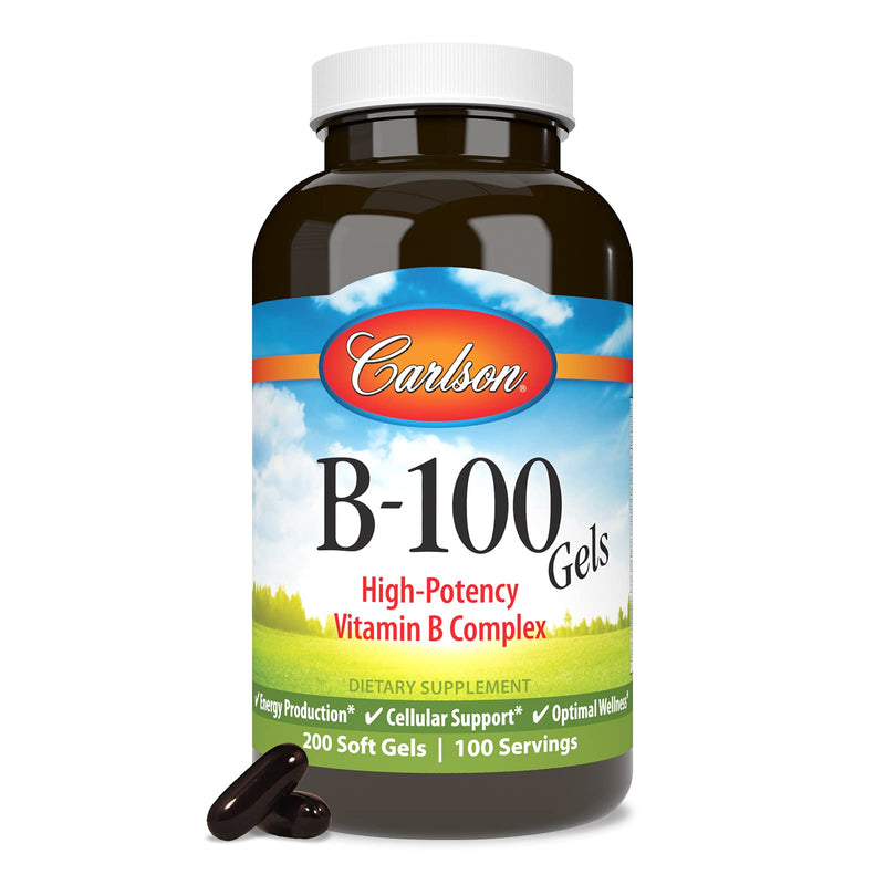 Carlson B-100 Gels, High-Potency Vitamin B Complex, 200 Softgels | Energy Production; Cellular Support; Optimal Wellness