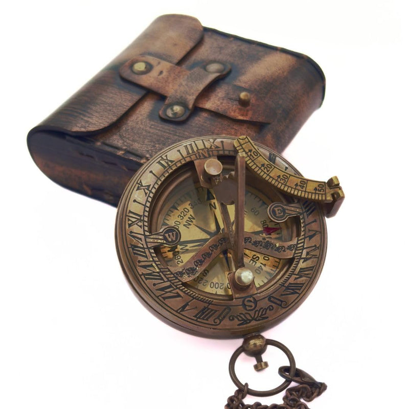 Brass Sundial Compass in Leather Case - Nautical Gifts for Men, Antique Sailing Anniversary Gadget for Him, Unusual Unique Nautical Decor, Naval Maritime Pocket Watch Clock BROWN ANTIQUE COMPASS - BeesActive Australia