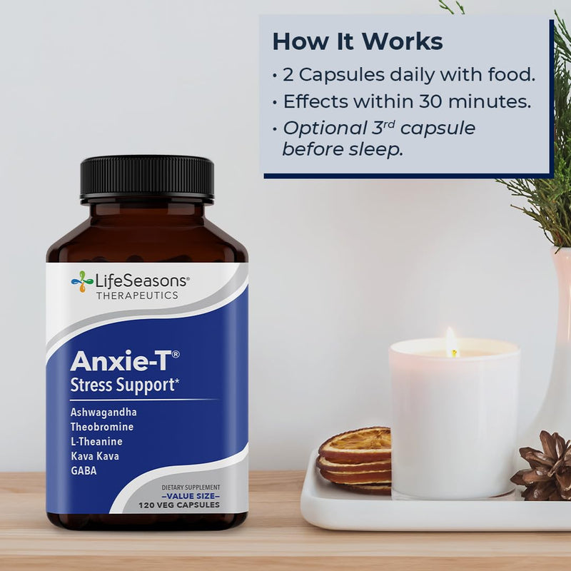 Anxie-T - Stress Relief Supplement - Supports Mood & Mental Focus - Feel Calm and Relaxed - Eases Tension & Nervousness - Ashwagandha, Kava Kava, GABA & L-Theanine - 120 Capsules 120 Count (Pack of 1) Original